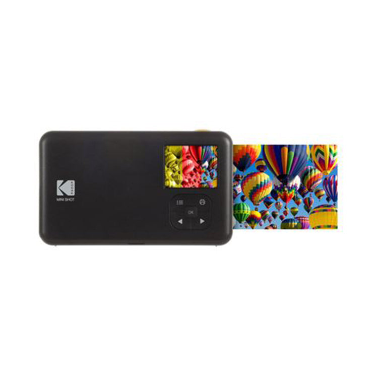 Black Kodak Mini Shot camera with colorful photo print emerging.