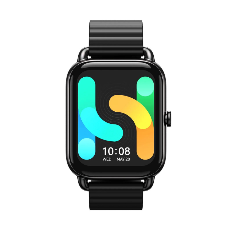 Smartwatch Haylou RS4 Plus LS11 Preto, pulseira preta, ecrã com mostrador colorido e data e hora.