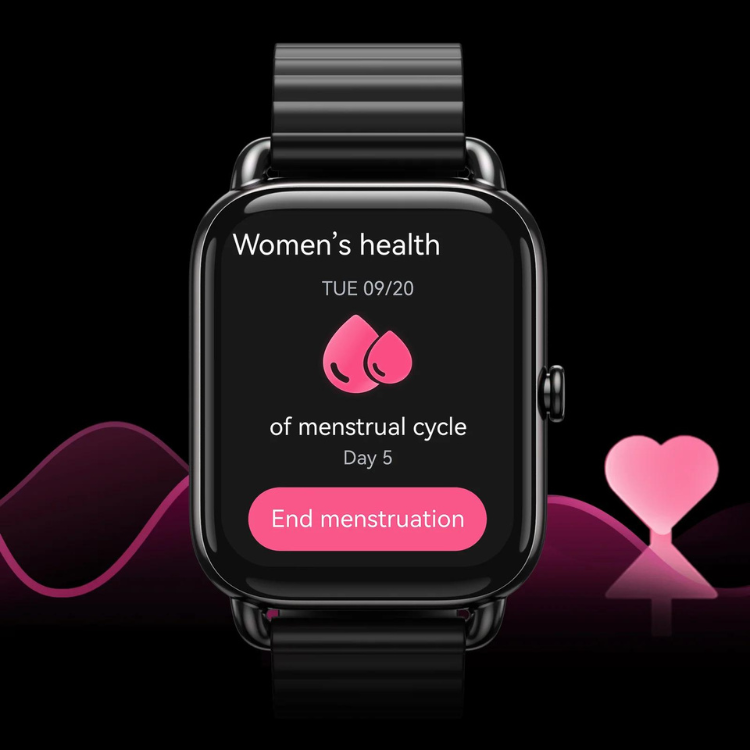 Smartwatch Haylou RS4 Plus preto, com ecrã a mostrar informações de saúde feminina, ciclo menstrual, dia 5, fim da menstruação.