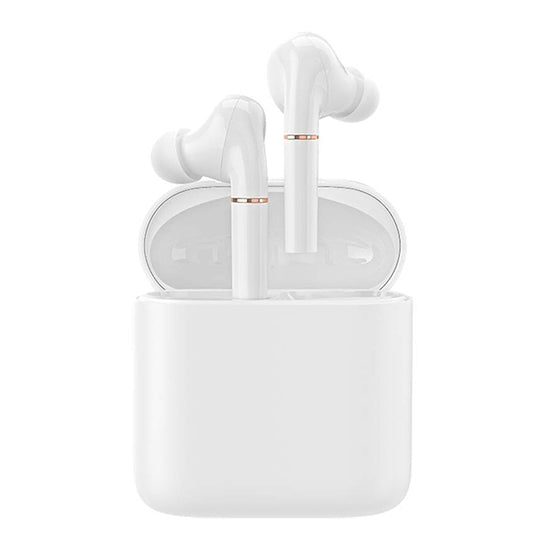 Auriculares Bluetooth Haylou T19 TWS brancos em caixa de carregamento.