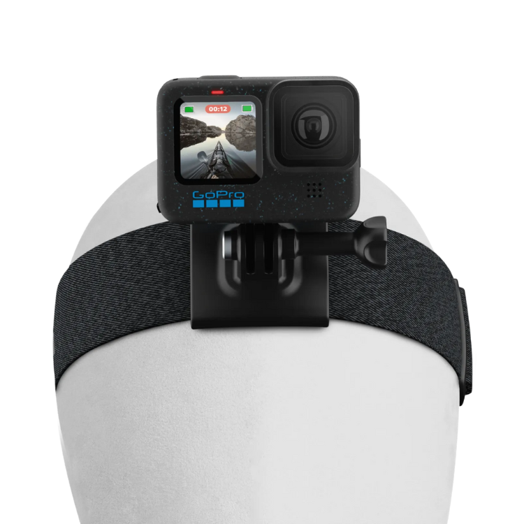 GoPro camera on head strap, black, displaying screen.