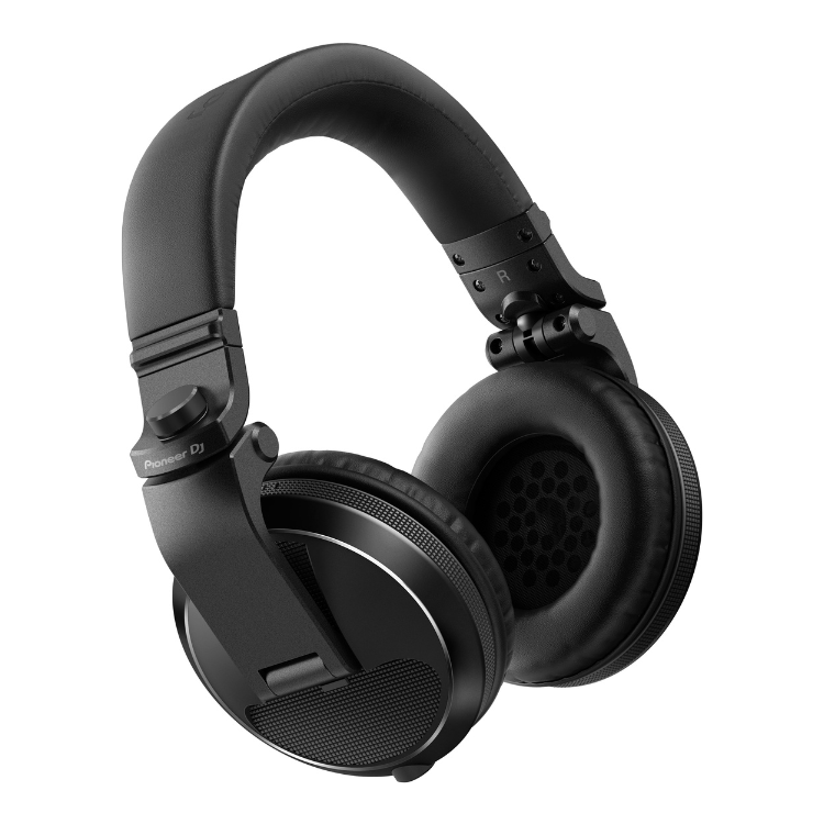 Black Pioneer DJ HDJ-X5-K headphones with adjustable headband and ear cushions.