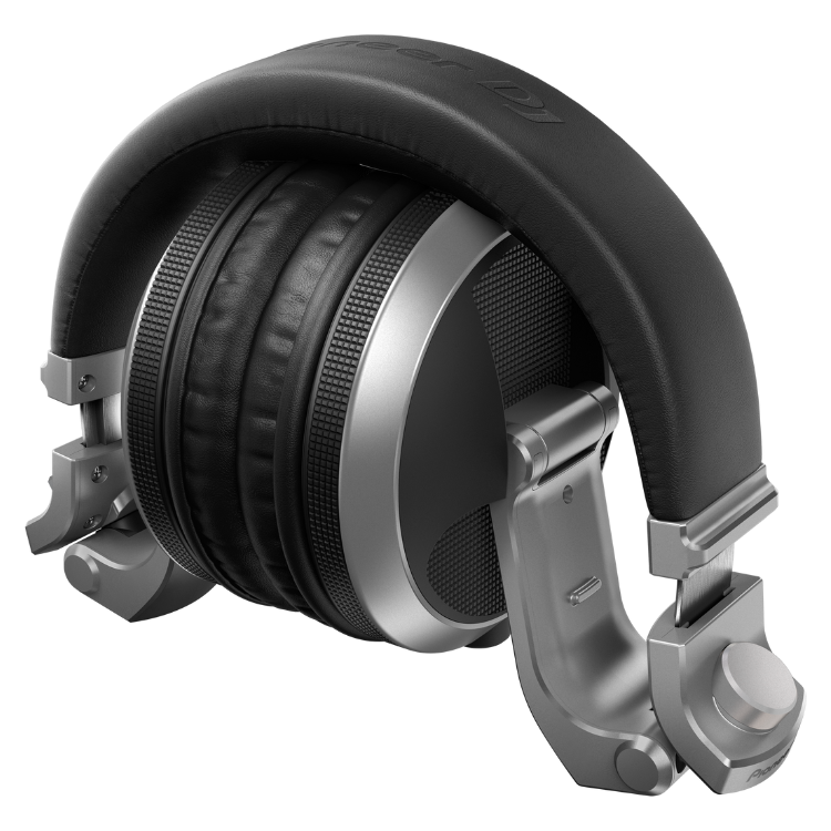 Pioneer DJ HDJ-X5-S silver headphones, black ear cushions and headband.