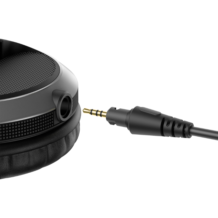 Black Pioneer DJ HDJ-X5-K headphones with gold audio jack.