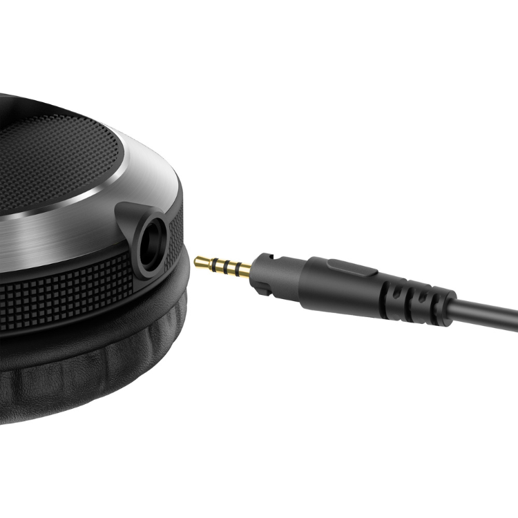 Black Pioneer DJ HDJ-X7-K headphones with gold audio jack.