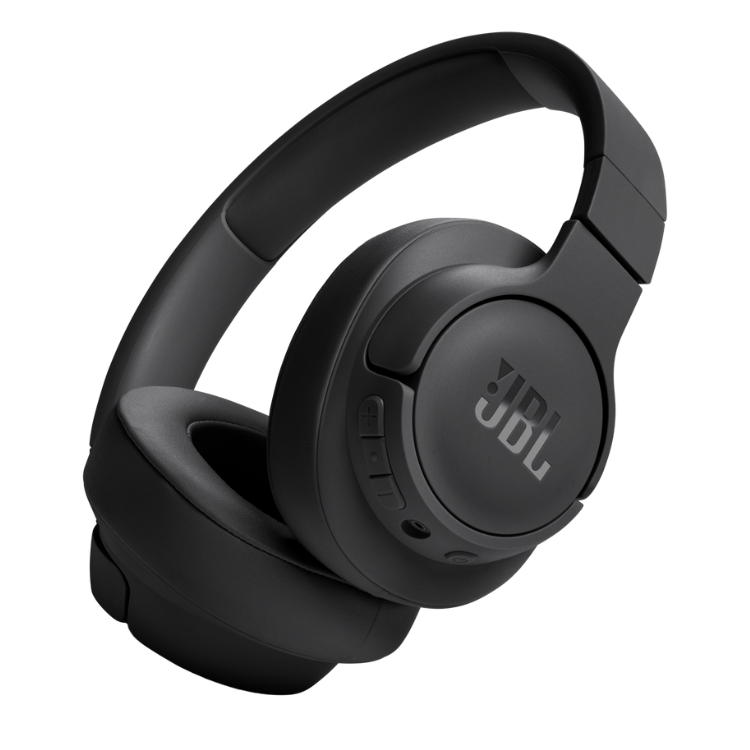 Black JBL Tune 720BT wireless headphones with controls on earcup.