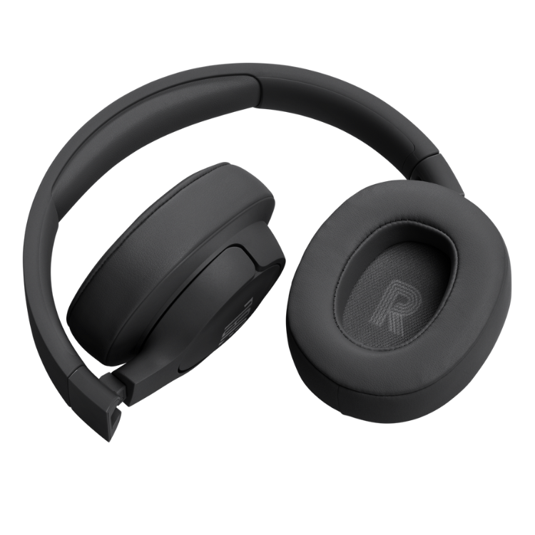 Black JBL wireless headphones, foldable, with cushioned earpads and headband.