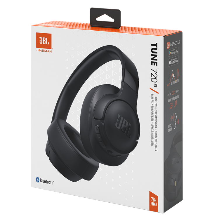 Black JBL Tune 720BT headphones on product packaging