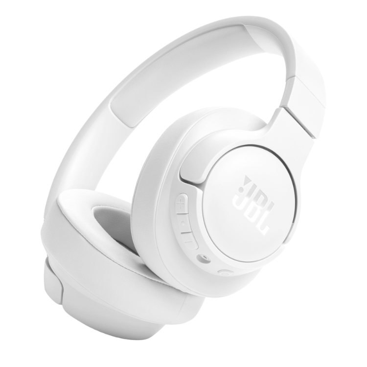 White JBL Tune 720BT Bluetooth headphones, over-ear, with controls and JBL logo.