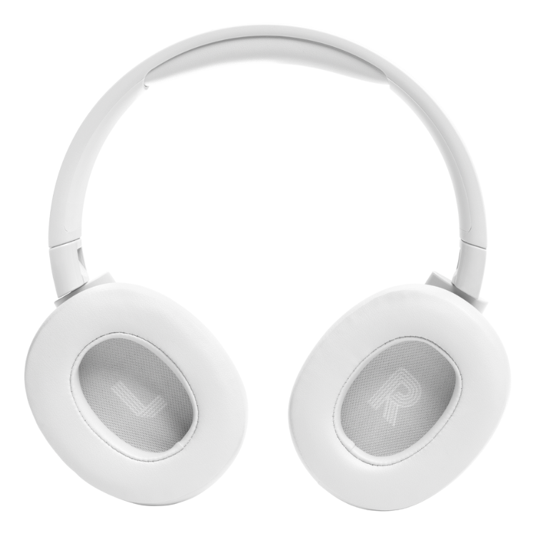 White JBL over-ear Bluetooth headphones, showing earcups and headband.