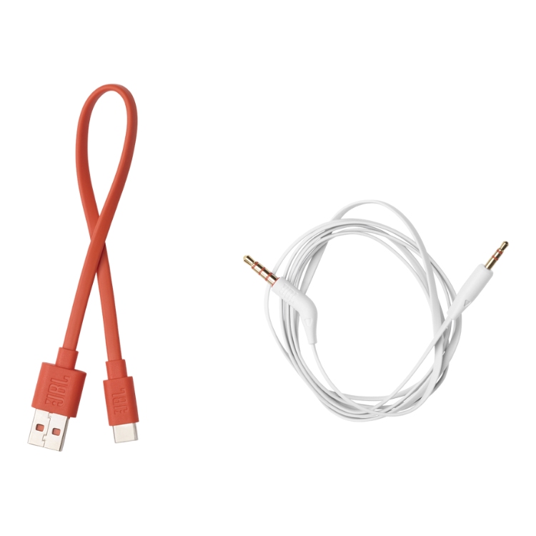 JBL orange USB cable and white audio cable on white background.