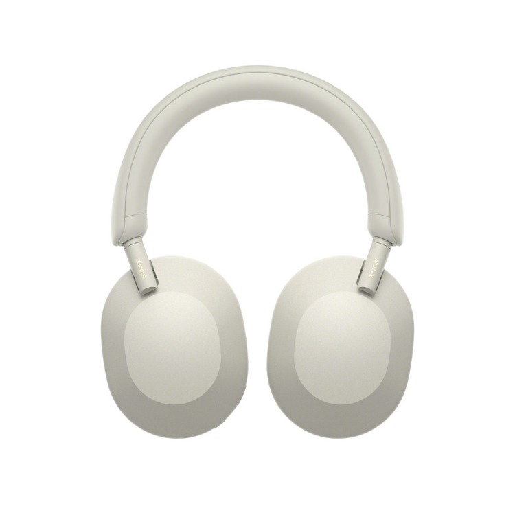 White Sony WH-1000XM5 Bluetooth headphones with ANC and NFC, over-ear wireless design.
