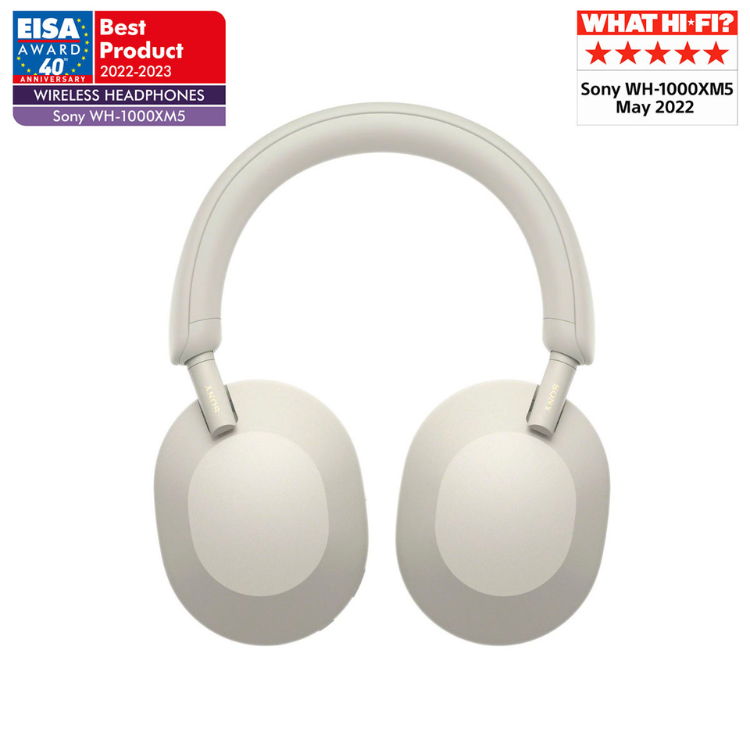 White Sony WH-1000XM5 Bluetooth headphones with ANC and NFC.
