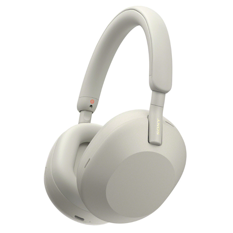 White Sony WH-1000XM5 Bluetooth headphones with ANC and NFC.