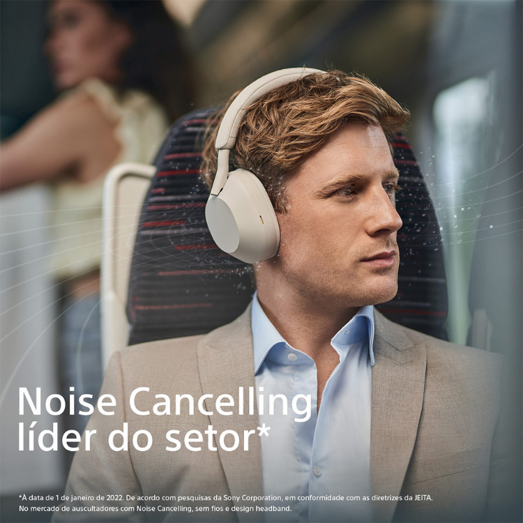 White Sony WH-1000XM5 Bluetooth headphones on a man.