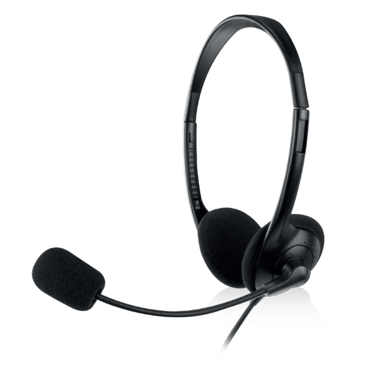 Black Ewent stereo headset with microphone, dual 3.5mm jack.