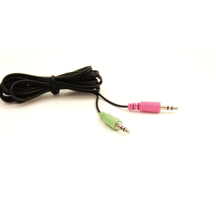 Black cable with green and pink 3.5mm audio jacks, coiled and tied.