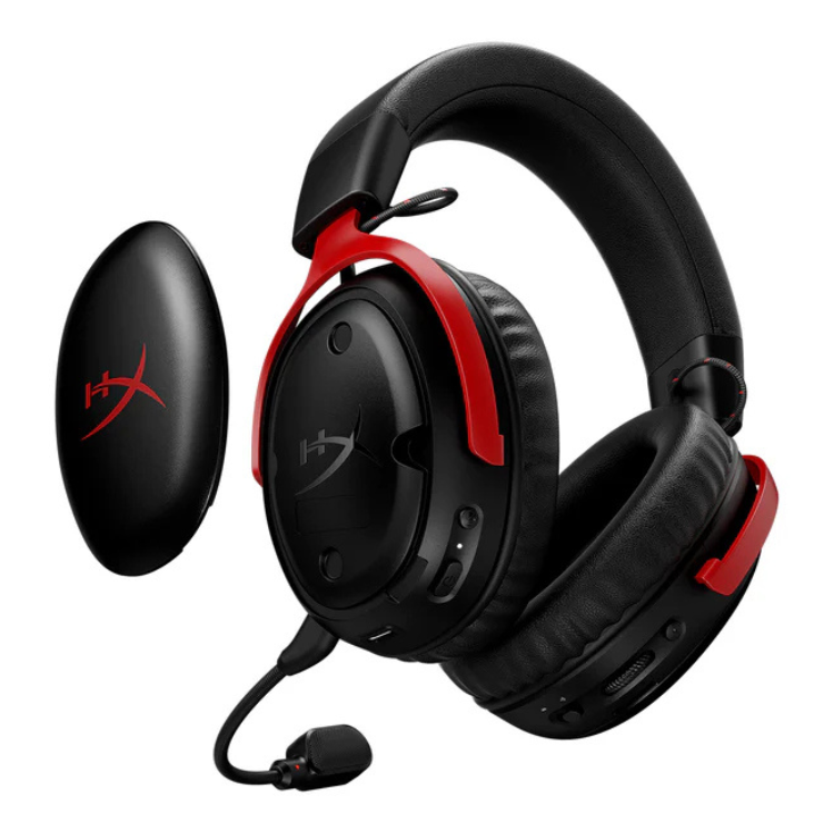 HyperX Cloud III S Wireless gaming headset, black with red accents, and wireless charging case.
