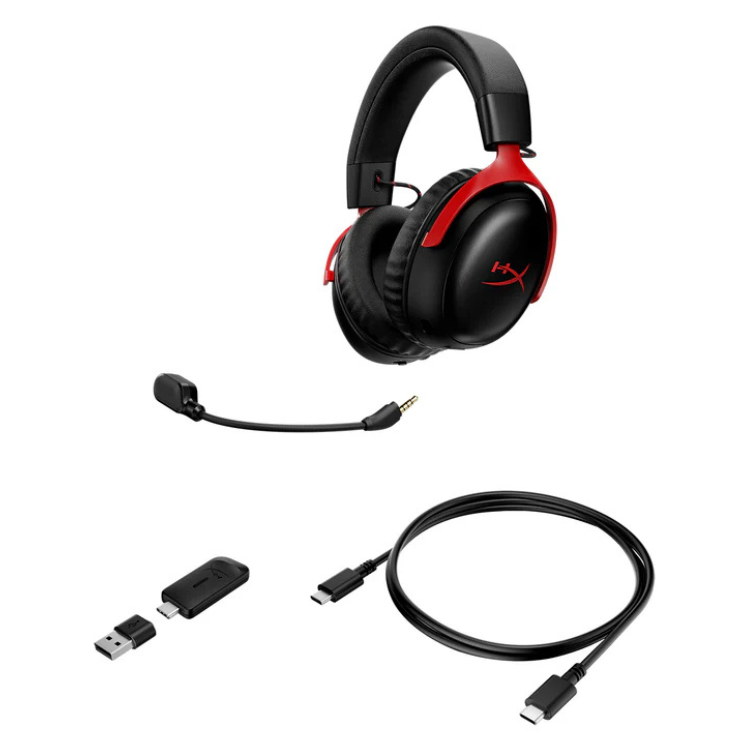 HyperX Cloud III S Wireless gaming headset, black and red, with accessories.