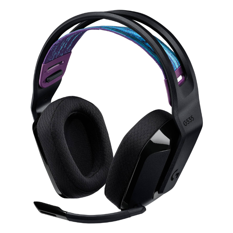 Black Logitech G535 Lightspeed wireless gaming headset with purple and blue accents.