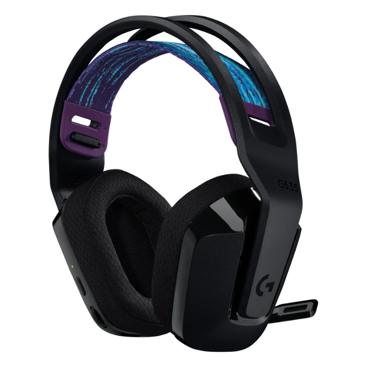 Black Logitech G535 Lightspeed wireless gaming headset with purple and blue accents.