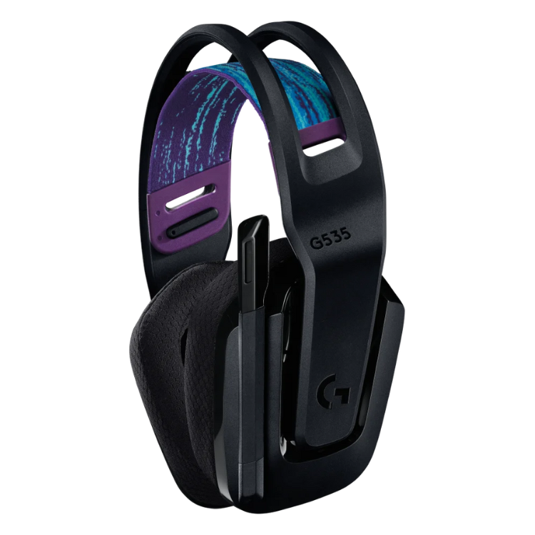 Logitech G535 Lightspeed wireless gaming headset, black with purple and blue accents.