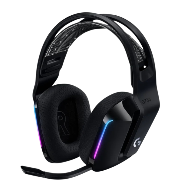 Black Logitech G733 Lightspeed wireless RGB gaming headset with colorful accents.