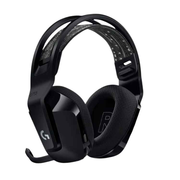 Black Logitech G733 Lightspeed wireless RGB gaming headset with microphone.