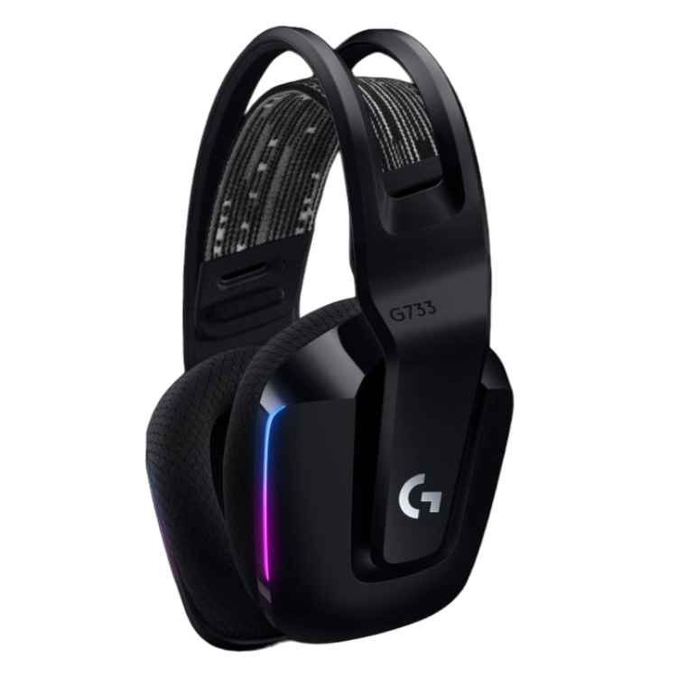 Black Logitech G733 wireless gaming headset with RGB lighting.