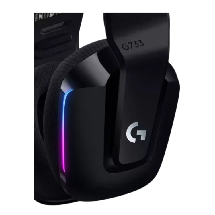 Black Logitech G733 Lightspeed wireless gaming headset with RGB lighting.