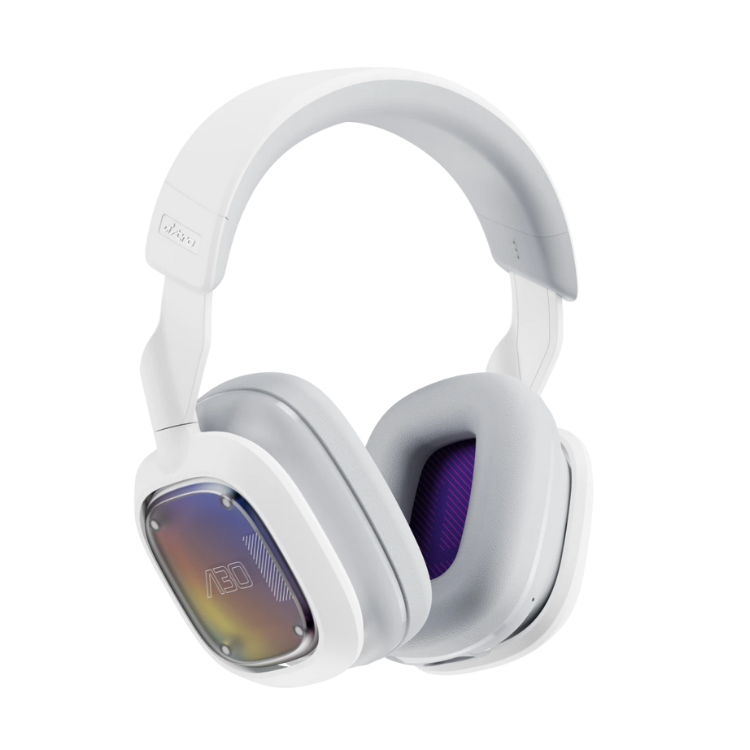 White Logitech G Astro A30 gaming headphones with rainbow accents and purple ear cushions.
