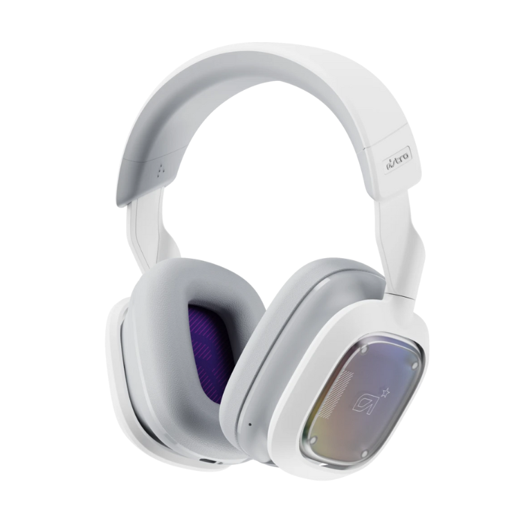 White Logitech G Astro A30 gaming headset with purple ear cushion and rainbow logo.