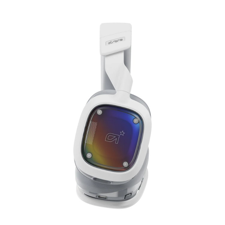 White Logitech G Astro A30 gaming headset with rainbow-colored earcup accents.