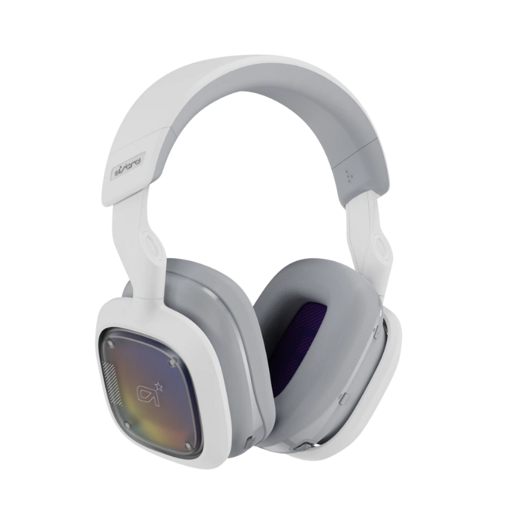 White Logitech G Astro A30 gaming headset with over-ear design and Lightspeed wireless technology.
