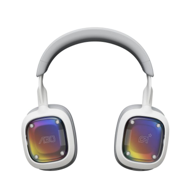 White Logitech G Astro A30 gaming headphones with rainbow-colored earcups.