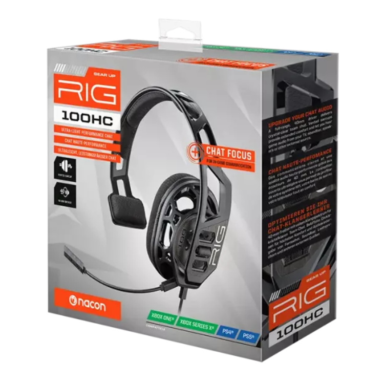 Black Plantronics RIG Gaming 100 HC Mono headset packaging with orange and white branding.