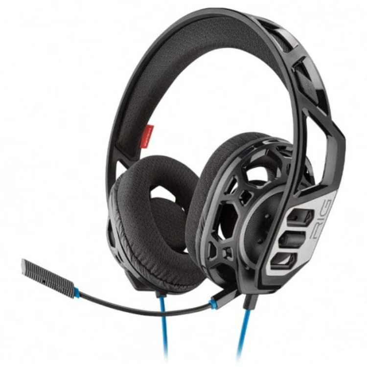Black Plantronics RIG 300 gaming headset with cushioned ear cups and blue accents.