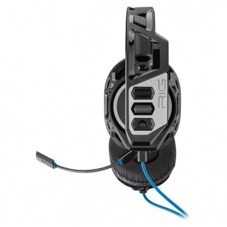 Black Plantronics RIG 300 gaming headset with blue accents.