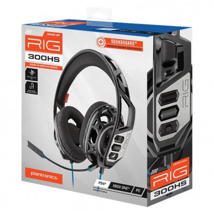 Black Plantronics RIG 300HS gaming headset on box packaging.