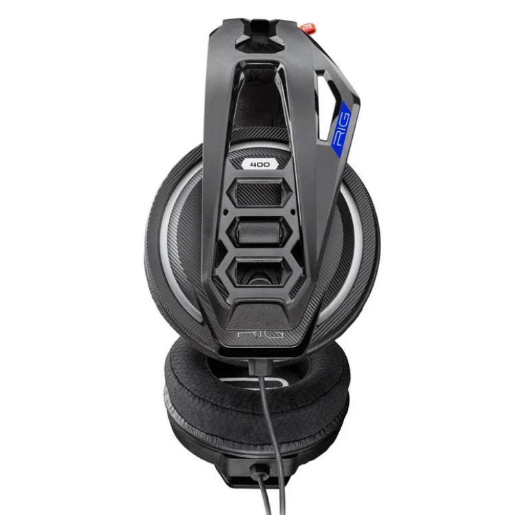 Black Plantronics RIG 400HS gaming headset with blue logo and red button.