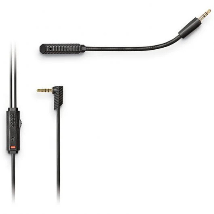 Black audio cables with gold connectors and adapters for gaming headset.