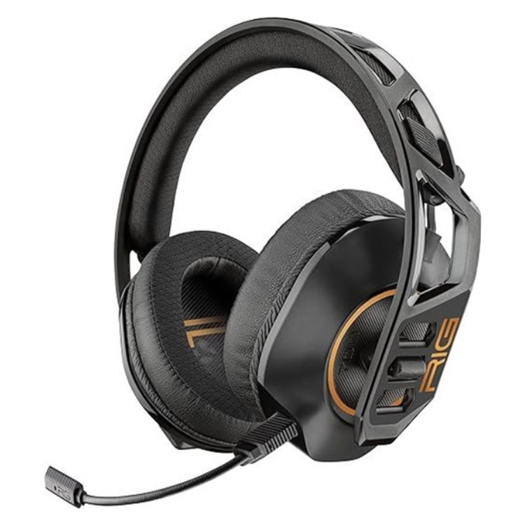 Black wireless Plantronics RIG 700 HD gaming headset with orange accents.