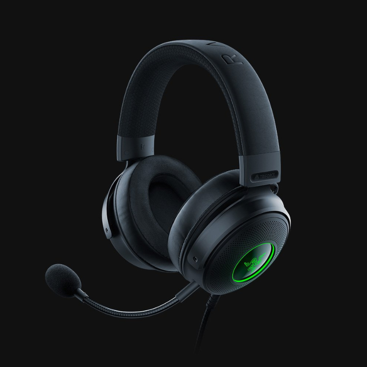 Black Razer Kraken V3 RGB gaming headset with green logo and microphone.
