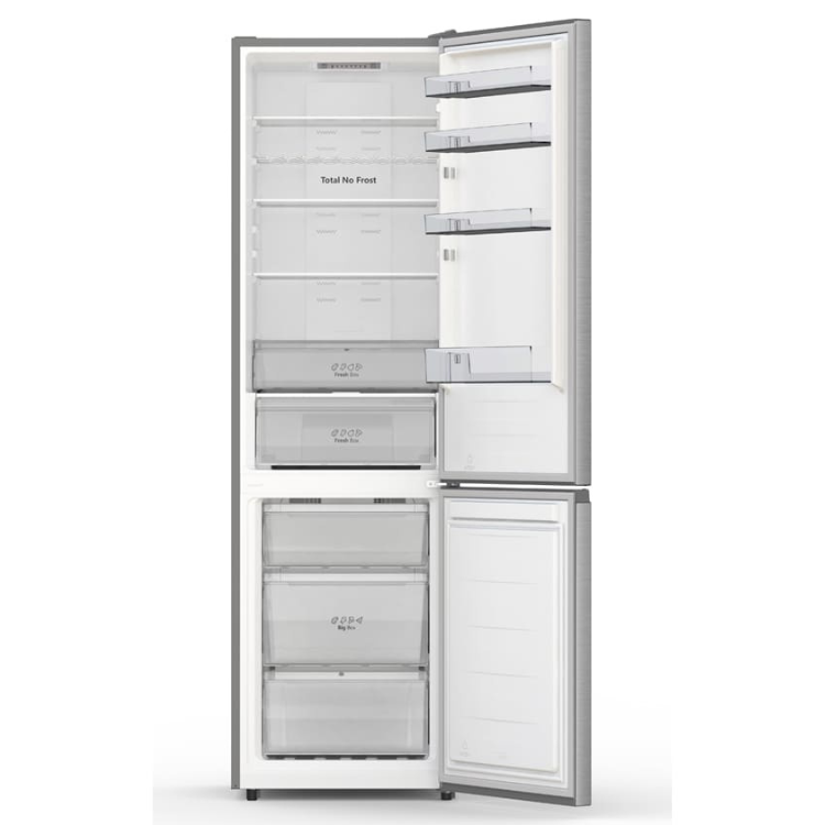 Hisense inox fridge freezer open, 336L, no frost, silver finish.