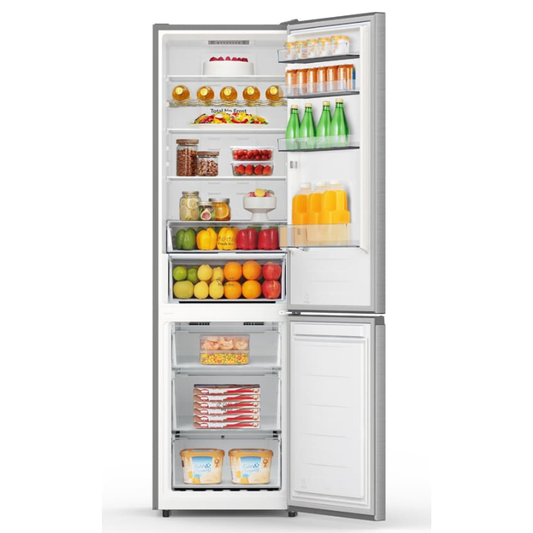 Hisense 336L inox combined fridge full of food and drinks.