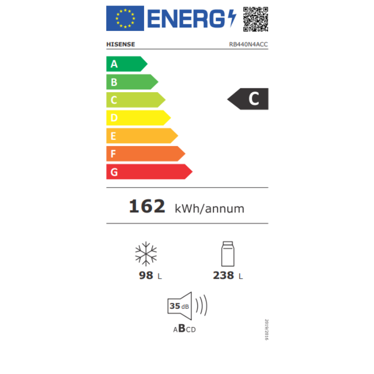 Hisense fridge energy label, C rated, 162 kWh/annum.