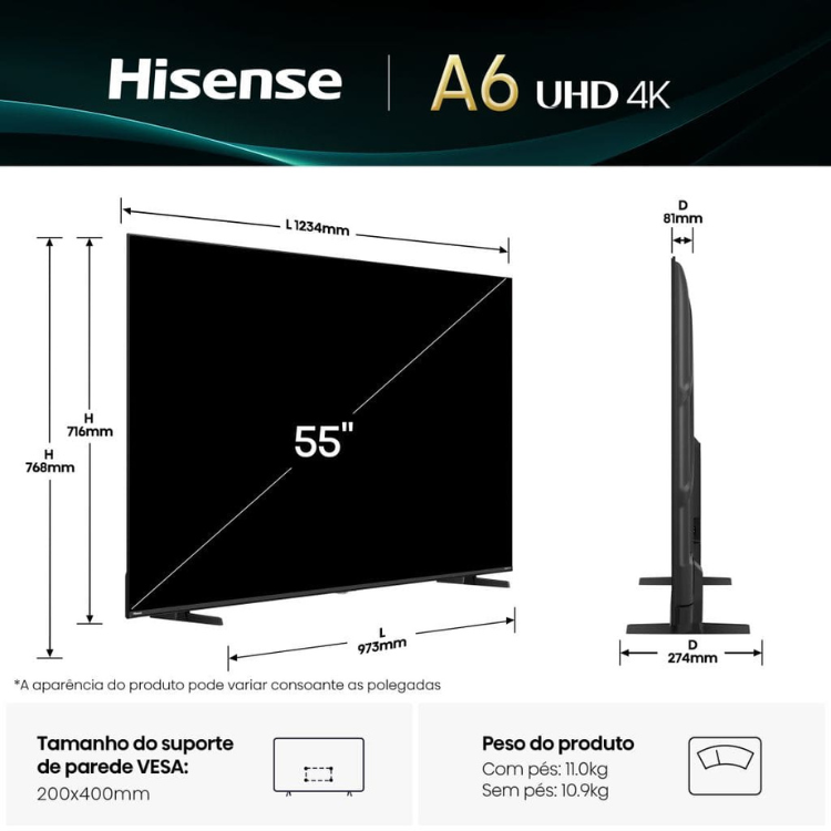 Televisão Hisense A6Q (2025) Smart TV 4K LED 55"