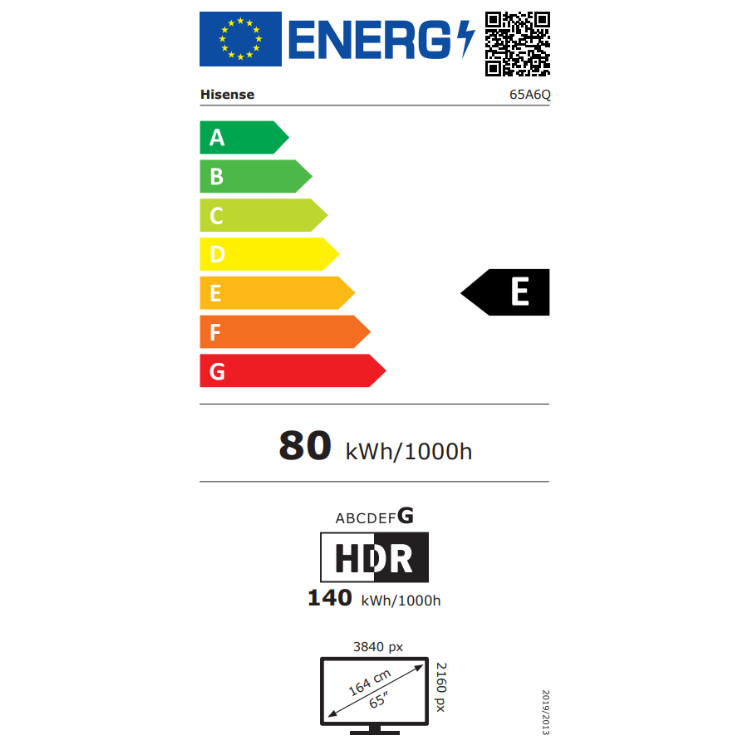 Etiqueta energética da televisão Hisense 65A6Q, eficiência E, 80 kWh/1000h, HDR, 65 polegadas 4K.