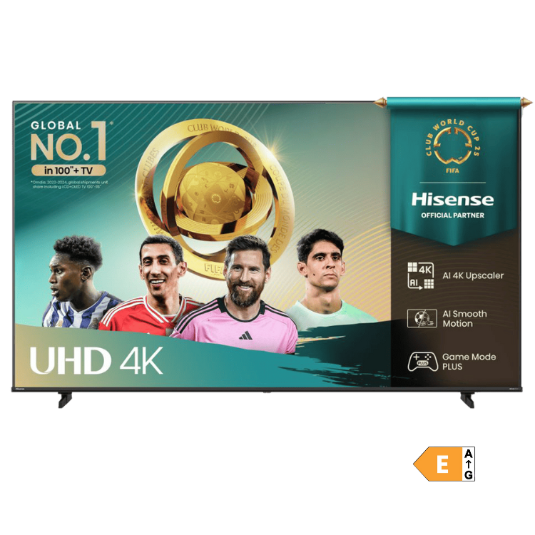 TV LED 4K Hisense 43A6Q, com jogadores de futebol e troféu, destacando tecnologia UHD.