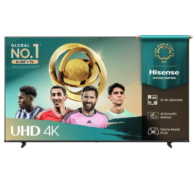 TV LED 4K Hisense 43A6Q, com jogadores de futebol e logótipo de campeão mundial, bandeira com logótipo Hisense.